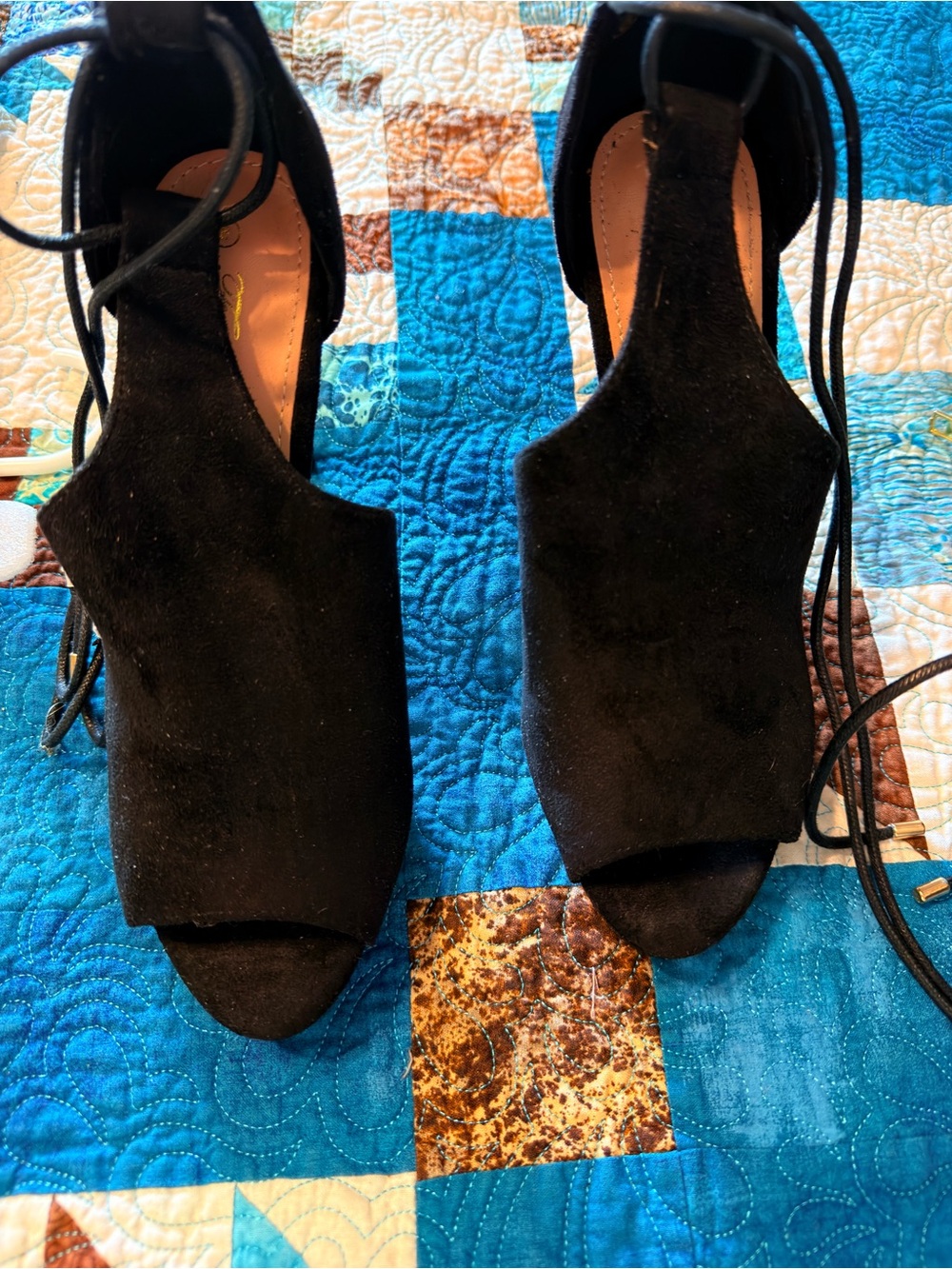 Fashion Nova Black Suede Open-Toe Lace-Up Heels